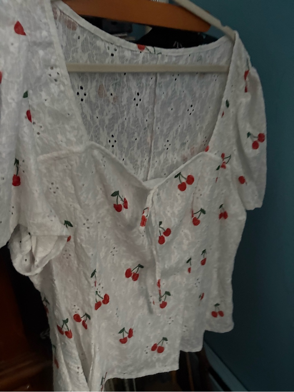 White Eyelet Cherry Print Short Sleeve Top